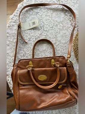 Capezio Cognac Brown Satchel Crossbody Bag Gold Hardware Top Handle Purse